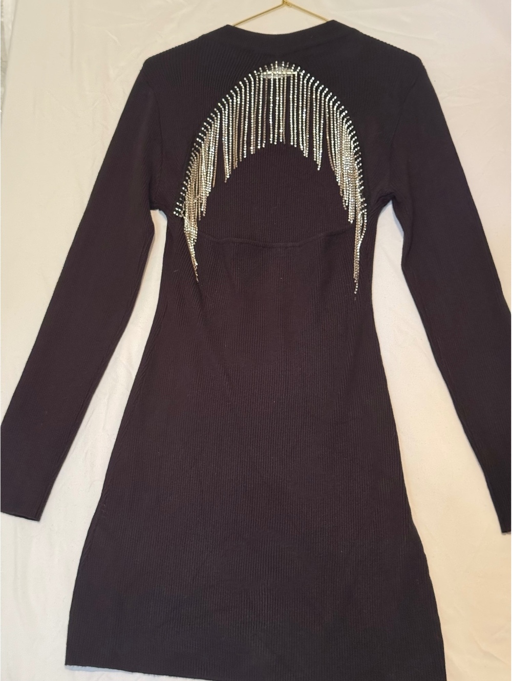 Le Lis Collection Ribbed Knit Mini Dress - Rhinestone Fringe Open Back M - Picture 6 of 7
